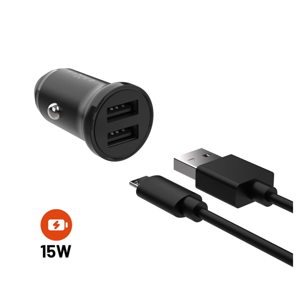 Set autonabíječky FIXED s 2xUSB výstupem a USB/micro USB kabelu, 1 metr, 15W Smart Rapid Charge, černá - náhled 1