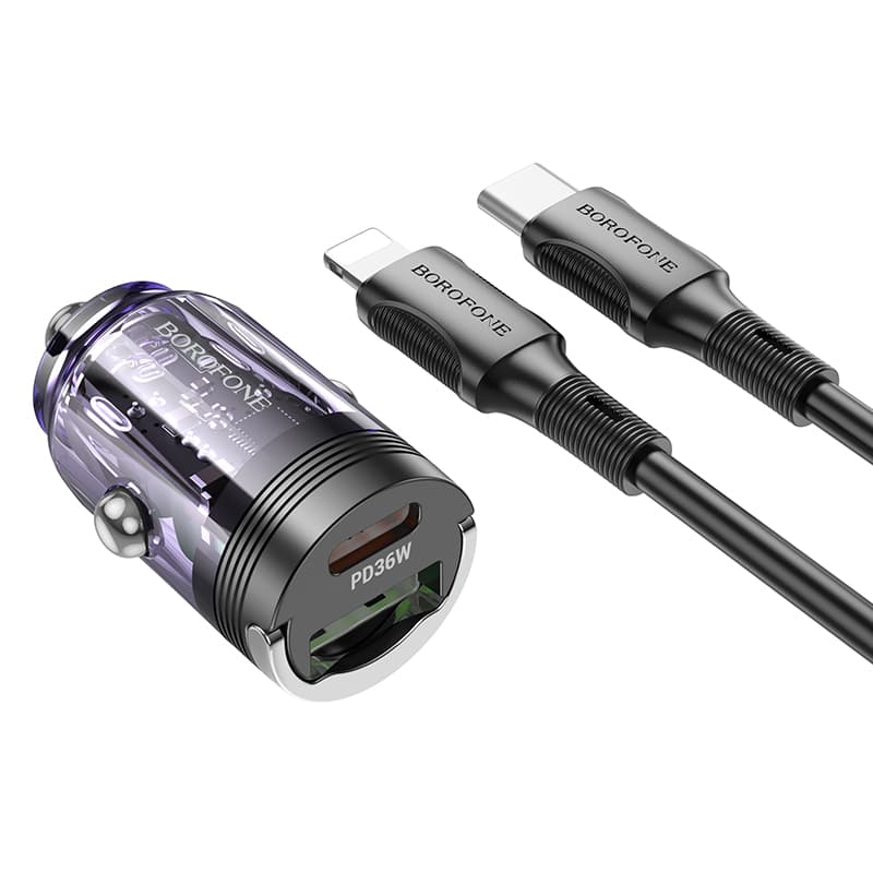 Rychlonabíječka do auta Borofone BBZ29A vč. datového kabelu Lightning Dual 36W transparentní-fialová - náhled 1
