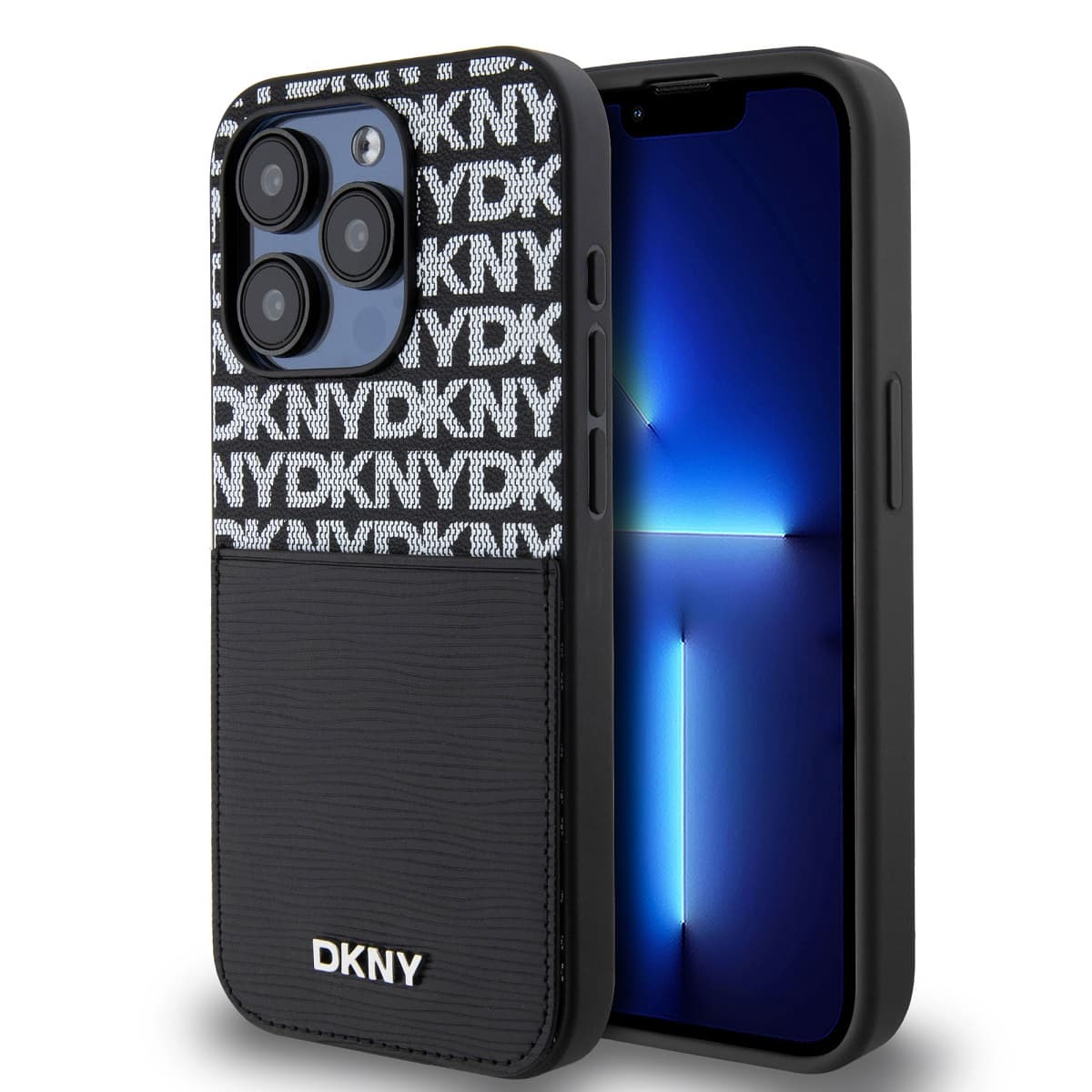 Zadní Kryt DKNY PU Leather Repeat Pattern Card Pocket pro iPhone 15 Pro černý - náhled 1