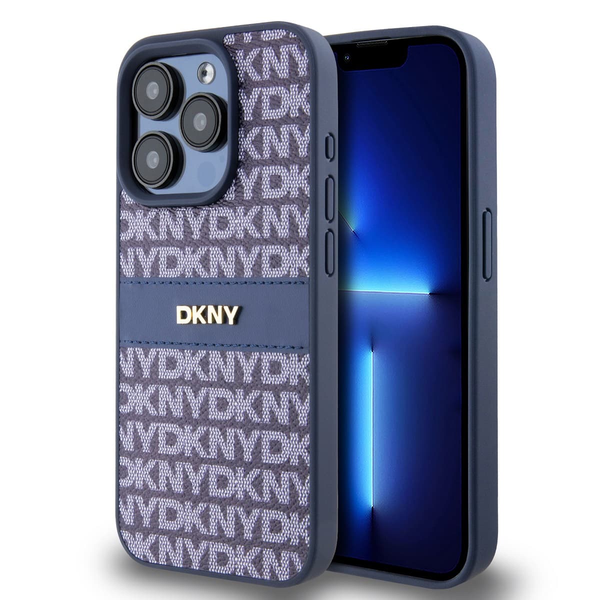 Zadní Kryt DKNY PU Leather Repeat Pattern Tonal Stripe pro iPhone 15 Pro modrý - náhled 1