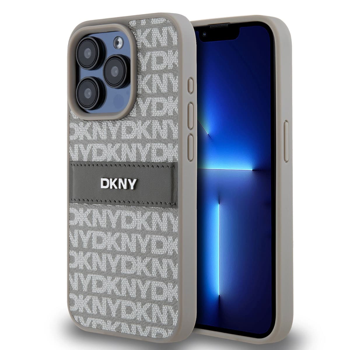 Zadní Kryt DKNY PU Leather Repeat Pattern Tonal Stripe na iPhone 14 Pro Max Beige - náhled 1