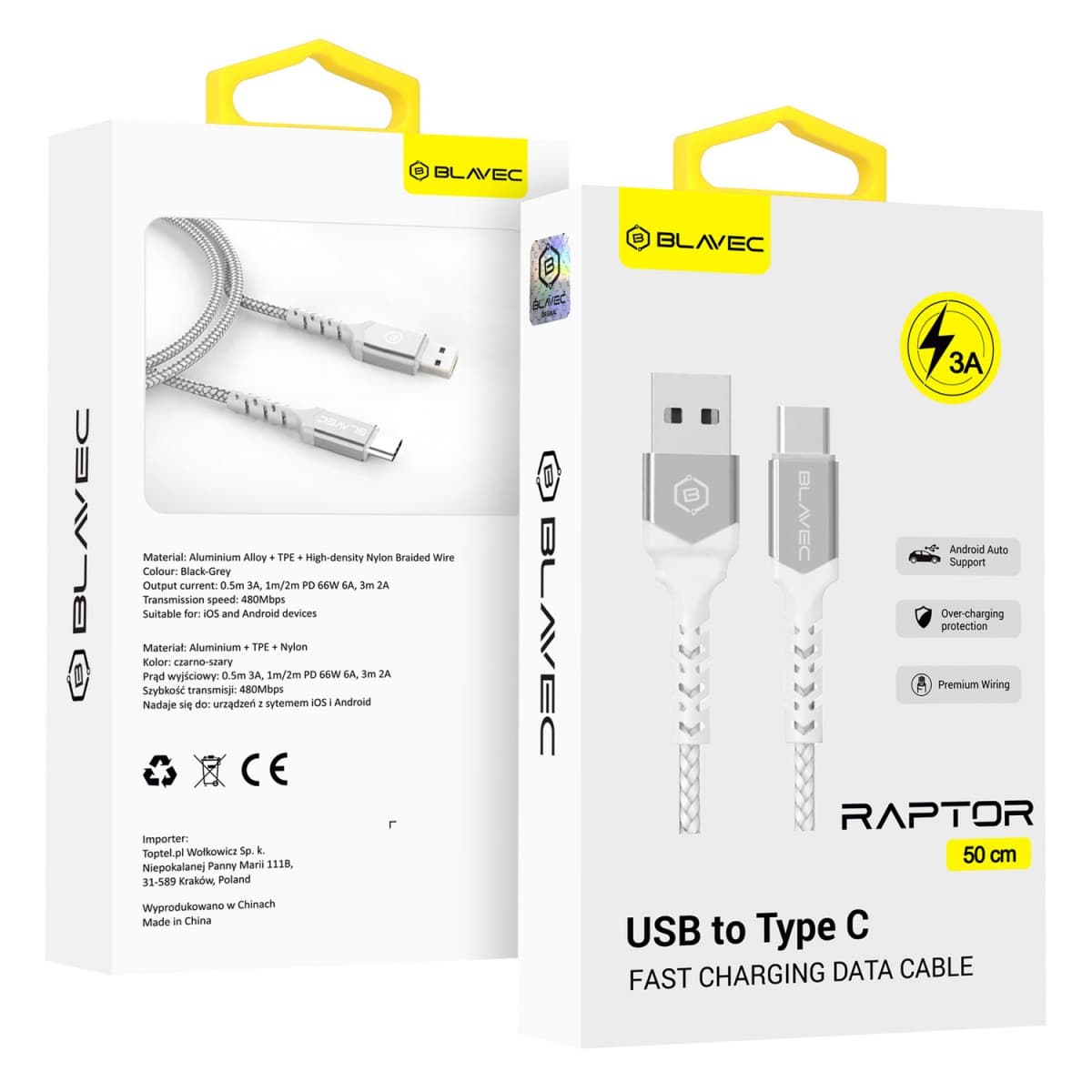 Datový kabel Blavec Raptor Braided - USB na typ C - 3A 0,5m (CRA-UC3WS05) bílo-stříbrný - náhled 1