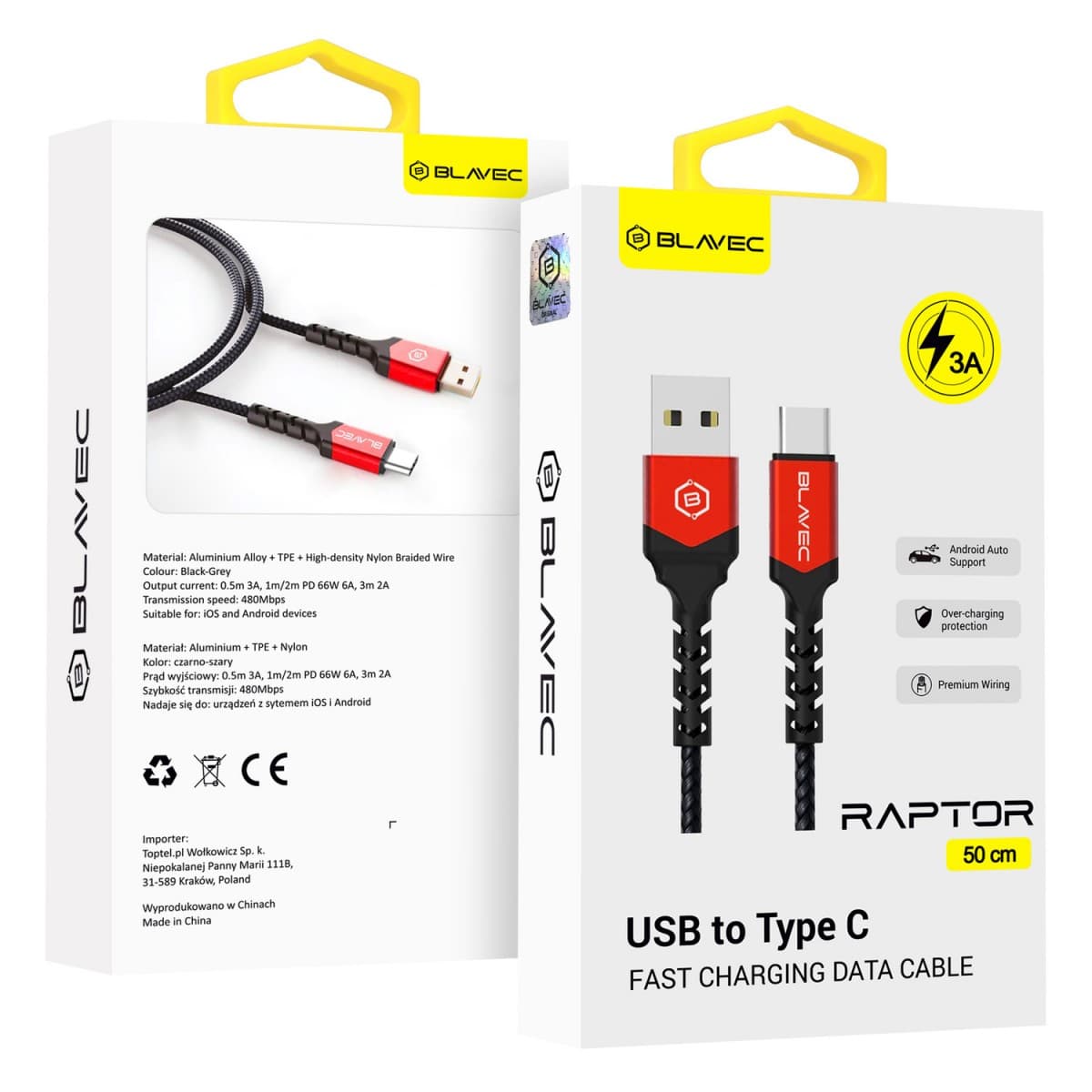 Datový kabel Blavec Raptor Braided - USB na typ C - 3A 0,5m (CRA-UC3BR05) černo-červený - náhled 1