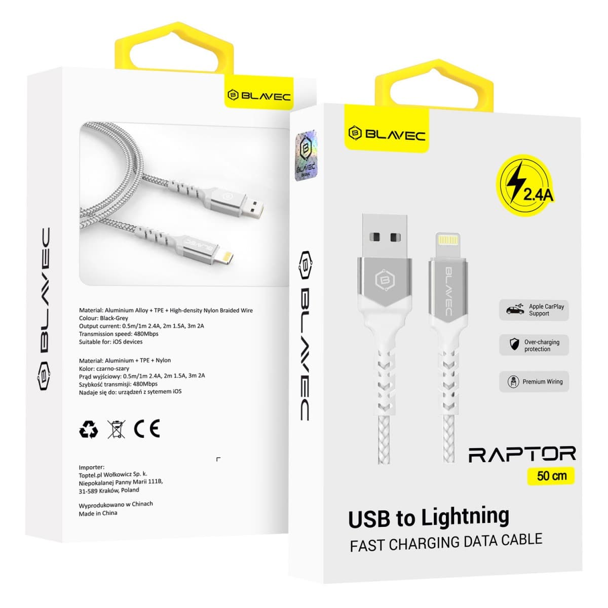 Datový kabel Blavec Raptor Braided - USB na Lightning - 2,4A 0,5m (CRA-UL24WS05) bílo-stříbrný - náhled 1