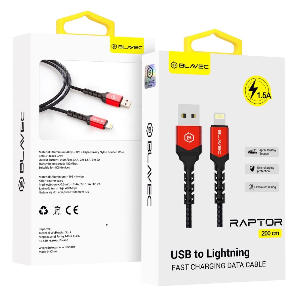 Datový kabel Blavec Raptor Braided - USB na Lightning - 1,5A 2m (CRA-UL15BR20) černo-červený - náhled 1