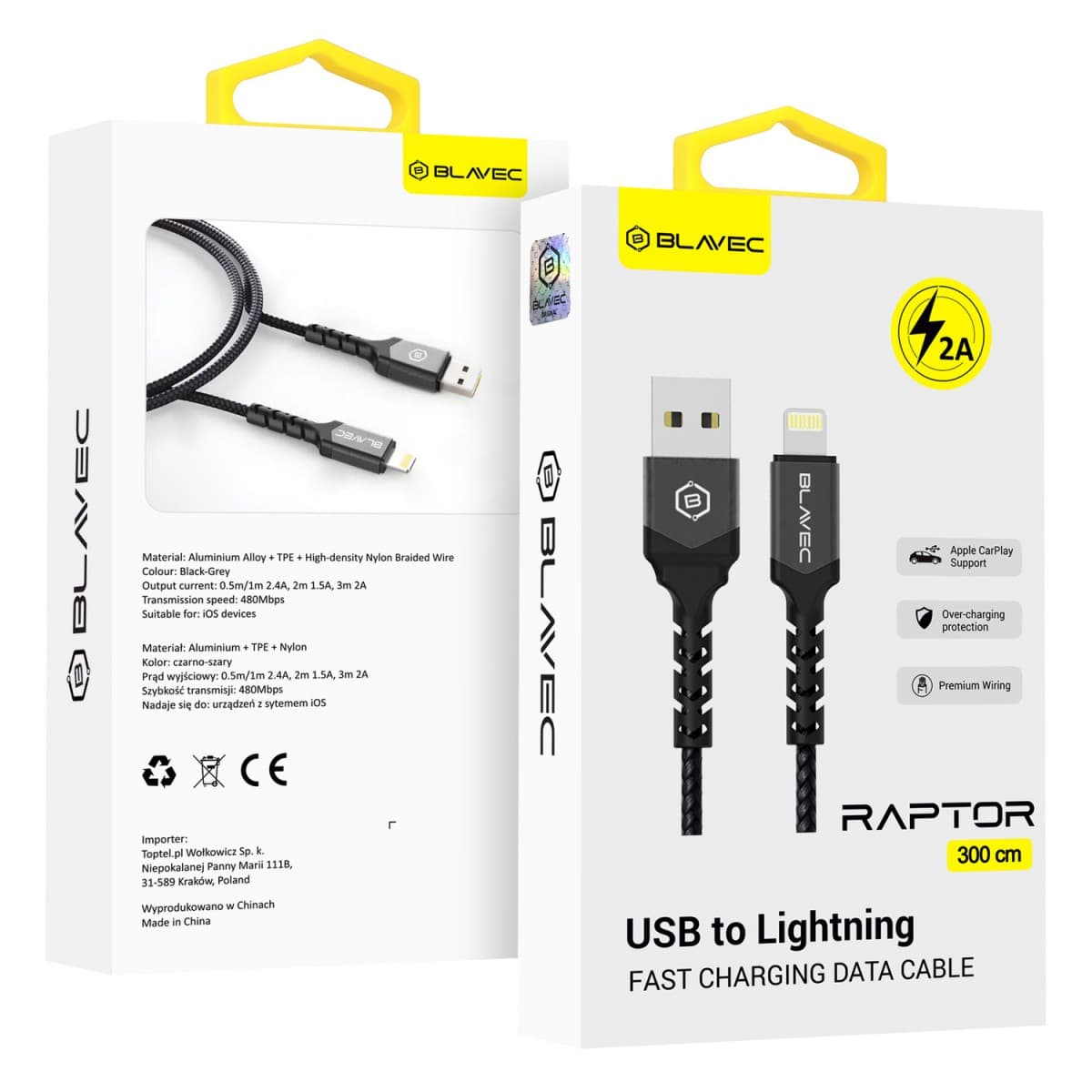 Datový kabel Blavec Raptor Braided - USB na Lightning - 2A 3m (CRA-UL2BG30) černo-šedý - náhled 1