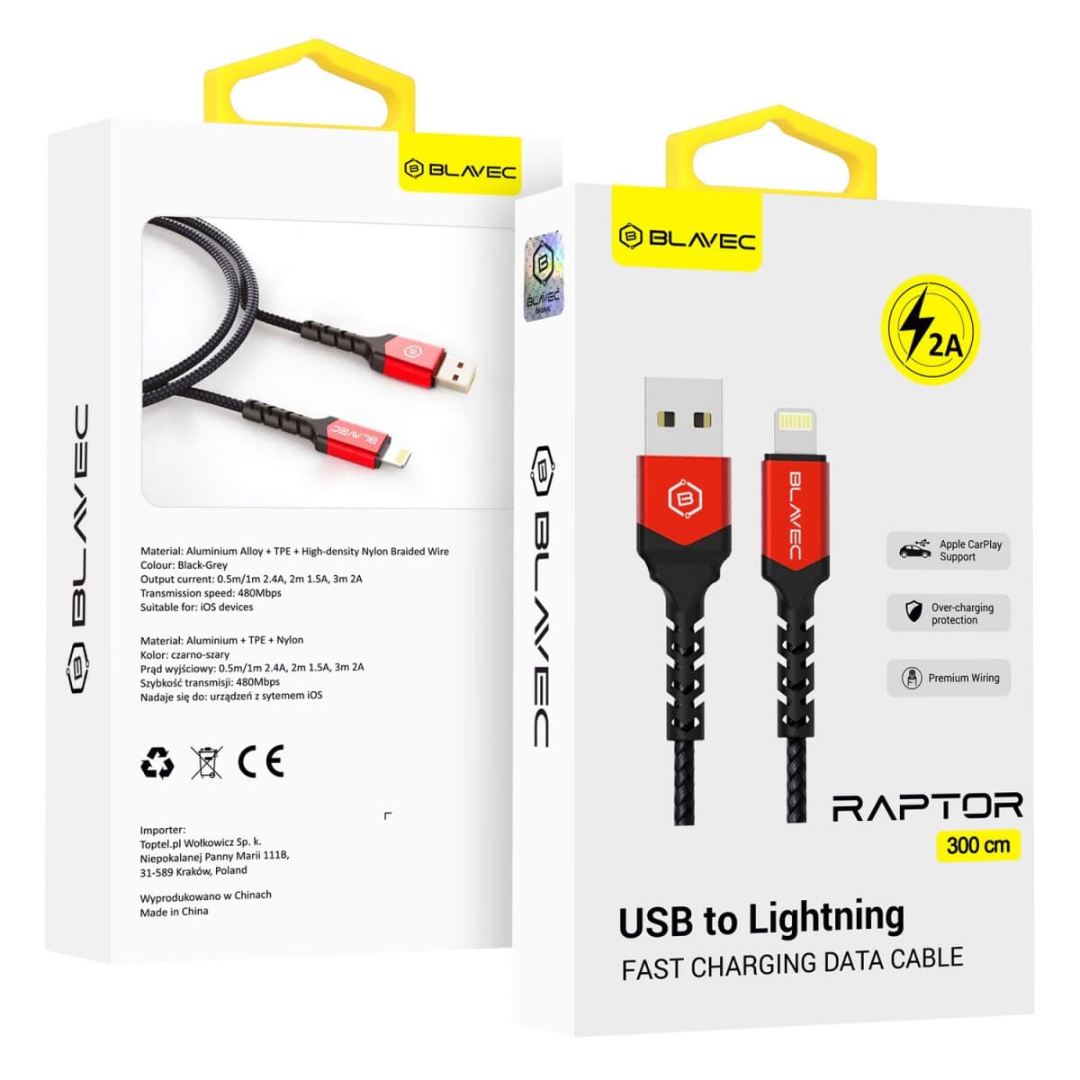 Datový kabel Blavec Raptor Braided - USB na Lightning - 2A 3m (CRA-UL2BR30) černo-červený - náhled 1