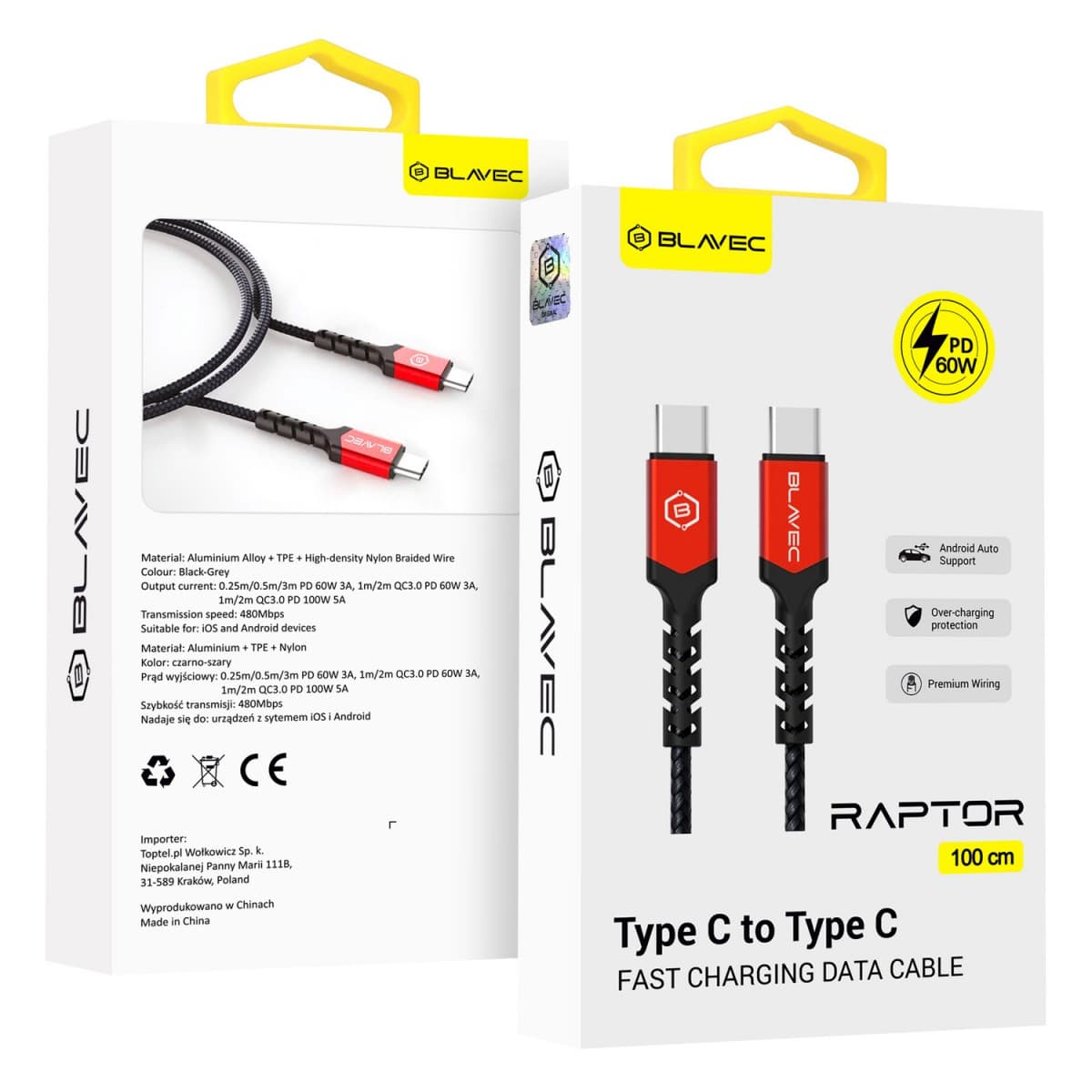 Datový kabel Blavec Raptor Braided - typ C na typ C - PD 60W 3A 1m (CRA-CC3BR10) černo-červený - náhled 1