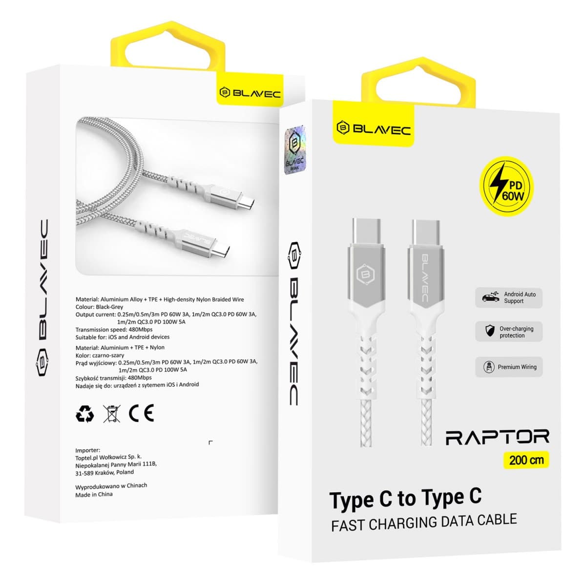Datový kabel Blavec Raptor Braided - typ C na typ C - PD 60W 3A 2m (CRA-CC3WS20) bílo-stříbrný - náhled 1