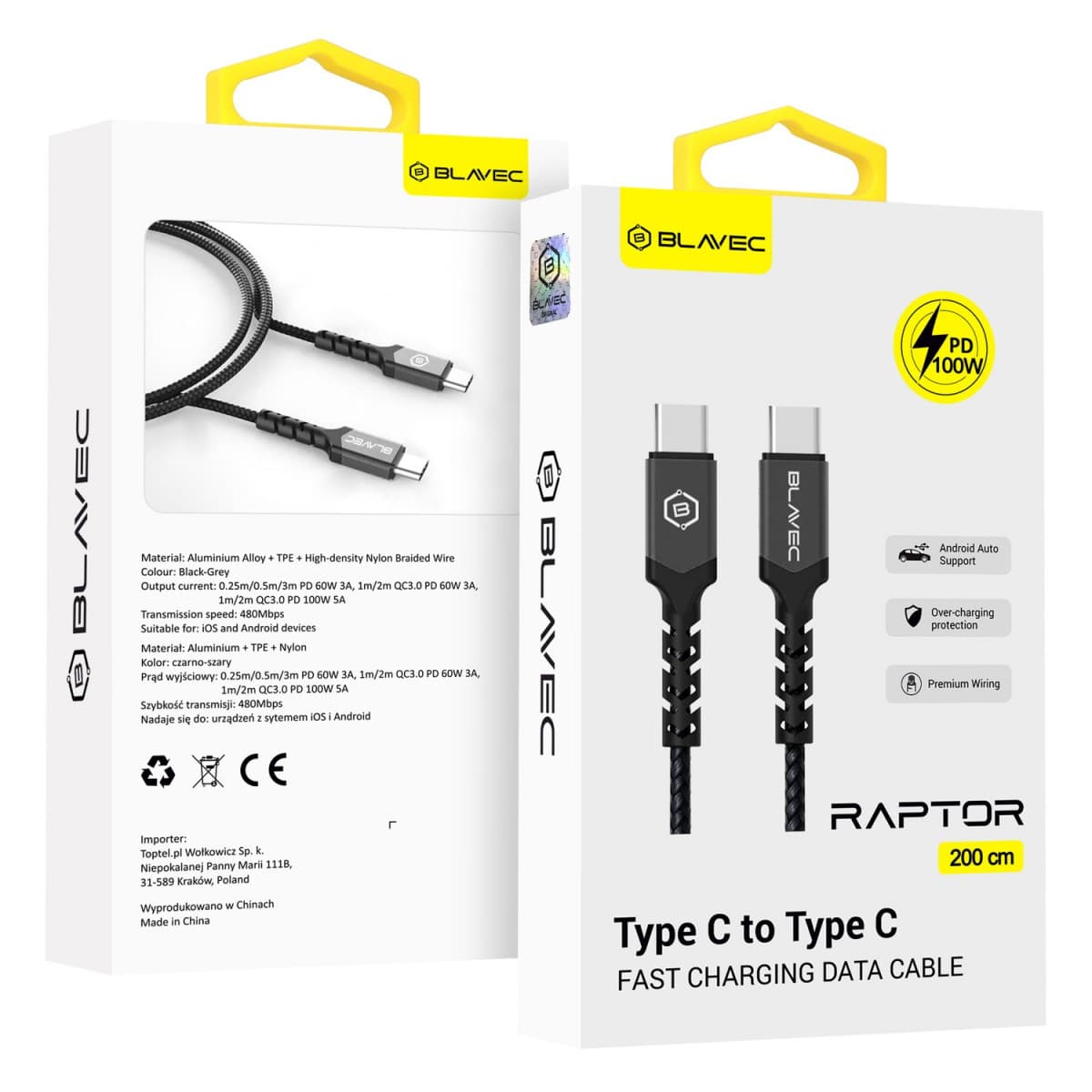 Datový kabel Blavec Raptor Braided - typ C na typ C - PD 100W 5A 2m (CRA-CC5BG20) černo-šedý - náhled 1