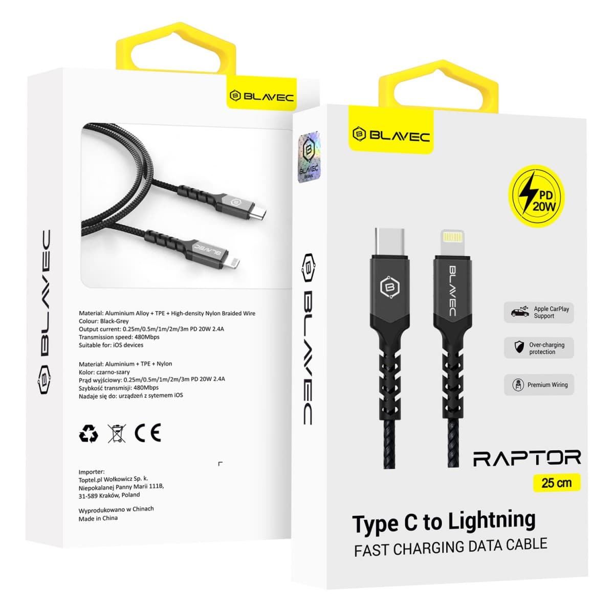 Datový kabel Blavec Raptor Braided - Type C to Lightning - PD 20W 2,4A 0,25m (CRA-CL24BG025) černo-šedý - náhled 1