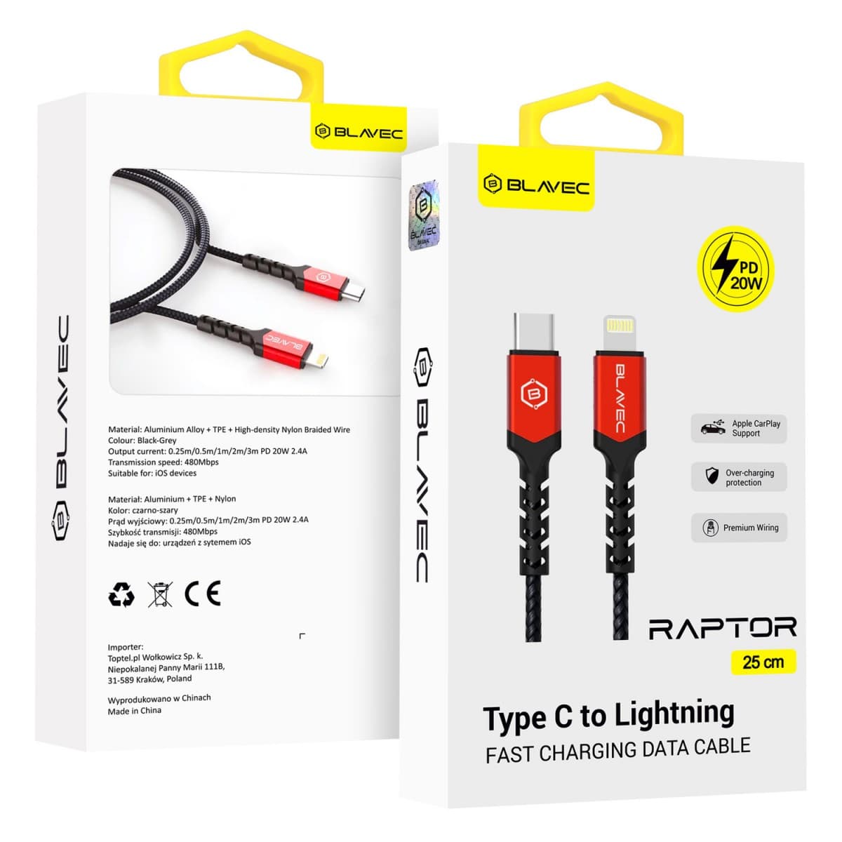 Datový kabel Blavec Raptor Braided - Type C to Lightning - PD 20W 2,4A 0,25m (CRA-CL24BR025) černo-červený - náhled 1