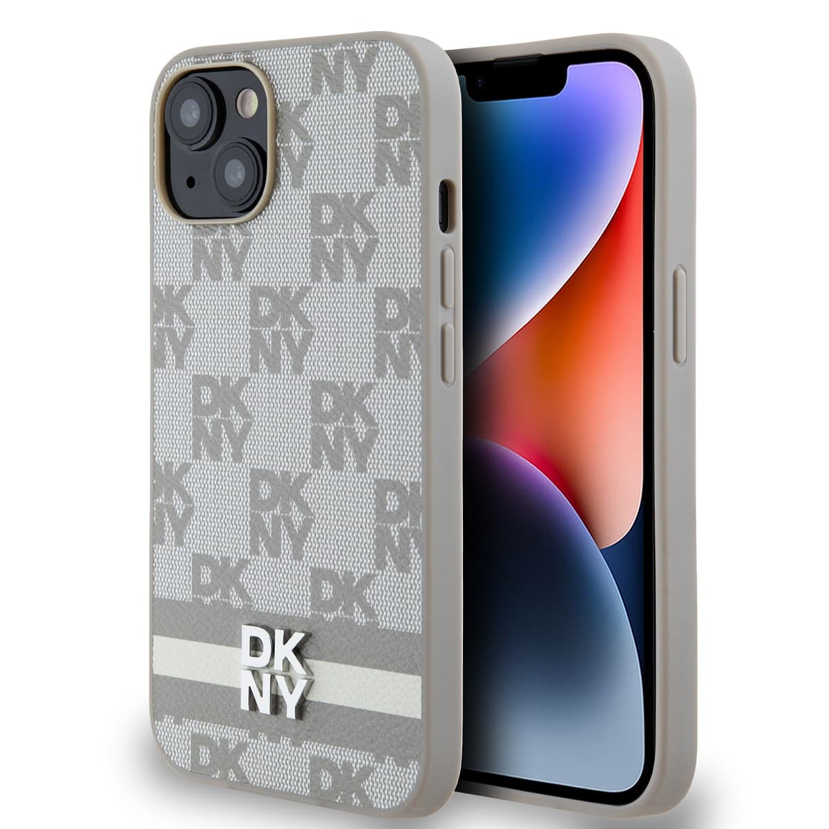 Zadní Kryt DKNY PU Leather Checkered Pattern and Stripe na iPhone 15 Beige - náhled 1