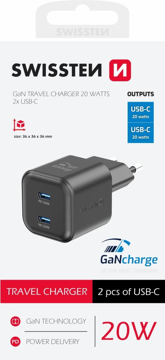 Adaptér Swissten Gan 2x USB-C 20W s funkcí rychlonabíjení černý - náhled 1