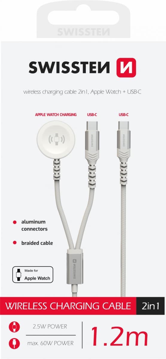 Opletený magnetický kabel Swissten 2v1 pro Apple Watch a USB-C, USB-C 1.2 m bílý - náhled 1