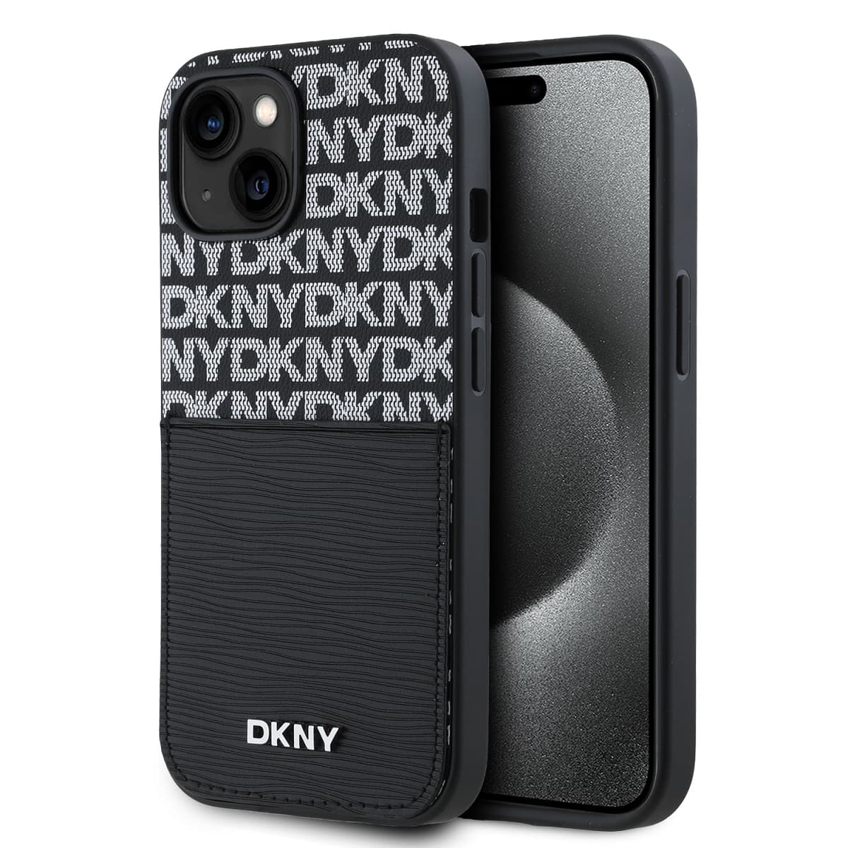 Zadní Kryt DKNY PU Leather Repeat Pattern Card Pocket pro iPhone 15 Black - náhled 1