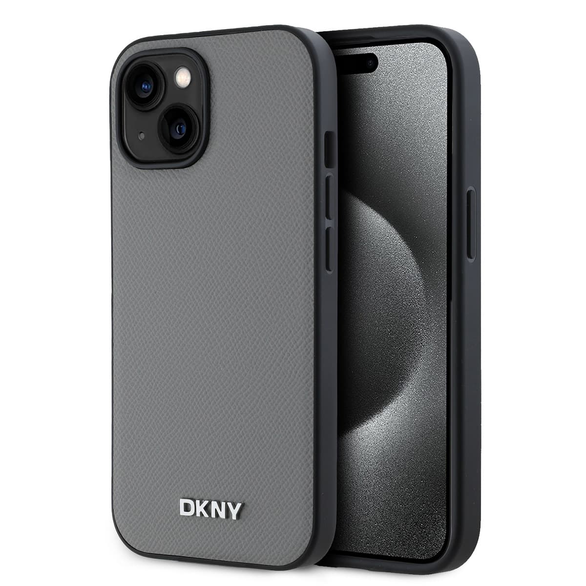 Zadní Kryt DKNY PU Leather Silver Metal Logo Magsafe pro iPhone 13 šedý - náhled 1