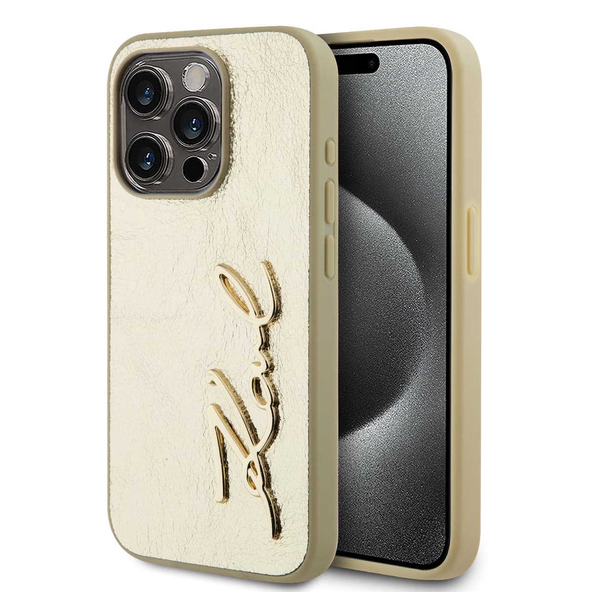 Karl Lagerfeld Wrinkled PU Signature Logo Zadní Kryt pro iPhone 15 Pro Max Gold - náhled 1