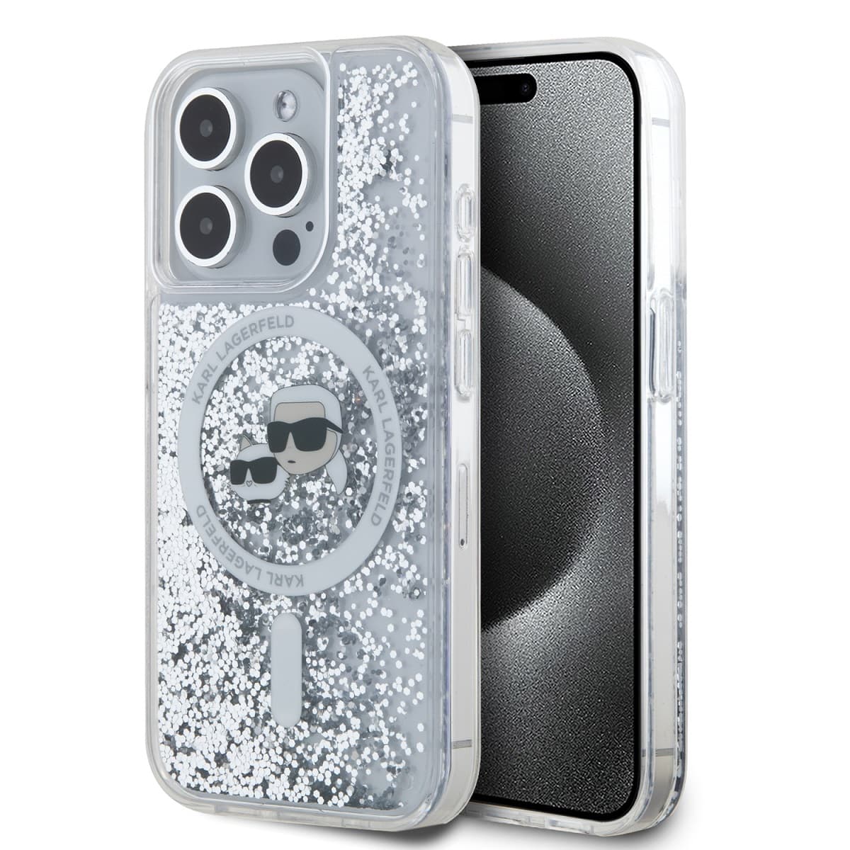 Karl Lagerfeld Liquid Glitter Karl and Choupette Heads MagSafe Zadní Kryt pro iPhone 15 Pro Max Transparent - náhled 1
