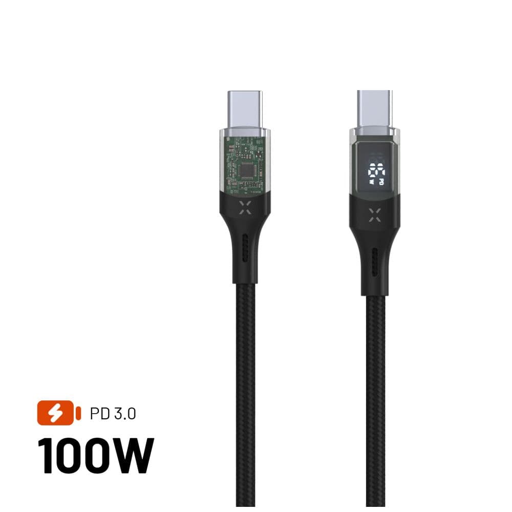 Nabíjecí a datový kabel FIXED s displejem s konektory USB-C/USB-C a podporou PD, 1.2m, USB 2.0, 100W, černý - náhled 1