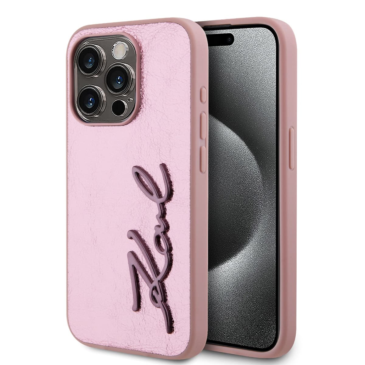 Karl Lagerfeld Wrinkled PU Signature Logo Zadní Kryt pro iPhone 15 Pro Max Pink - náhled 1