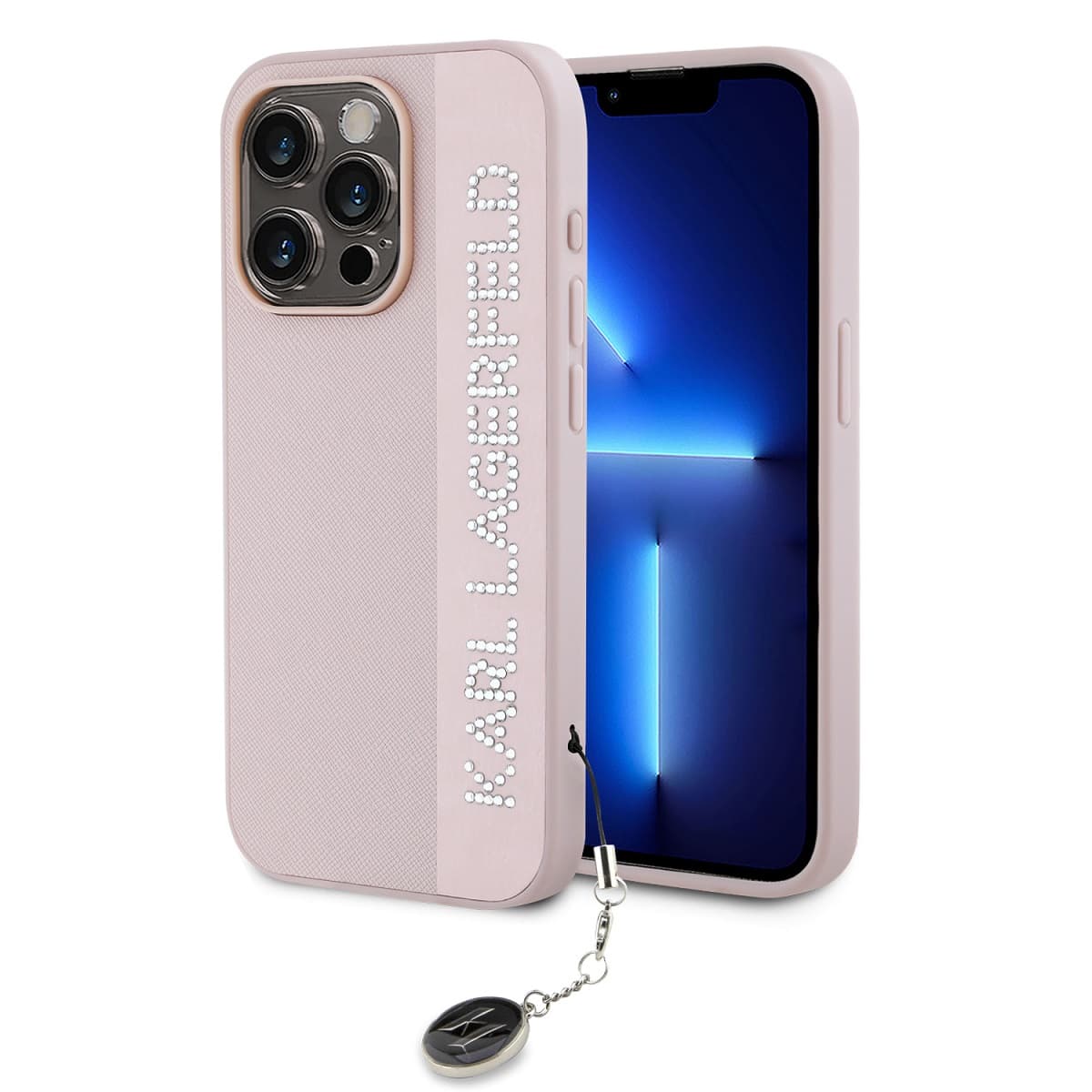 Karl Lagerfeld PU Saffiano Rhinestone Charm Zadní Kryt pro iPhone 15 Pro Max Pink - náhled 1