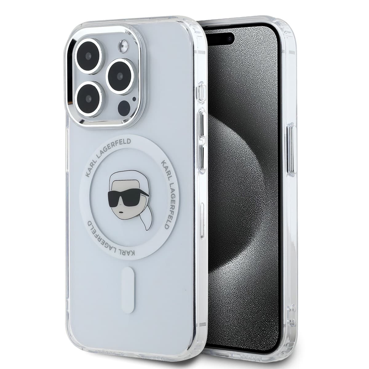 Zadní kryt Karl Lagerfeld IML Karl Head Metal Frame MagSafe pro iPhone 15 Pro Transparent - náhled 1