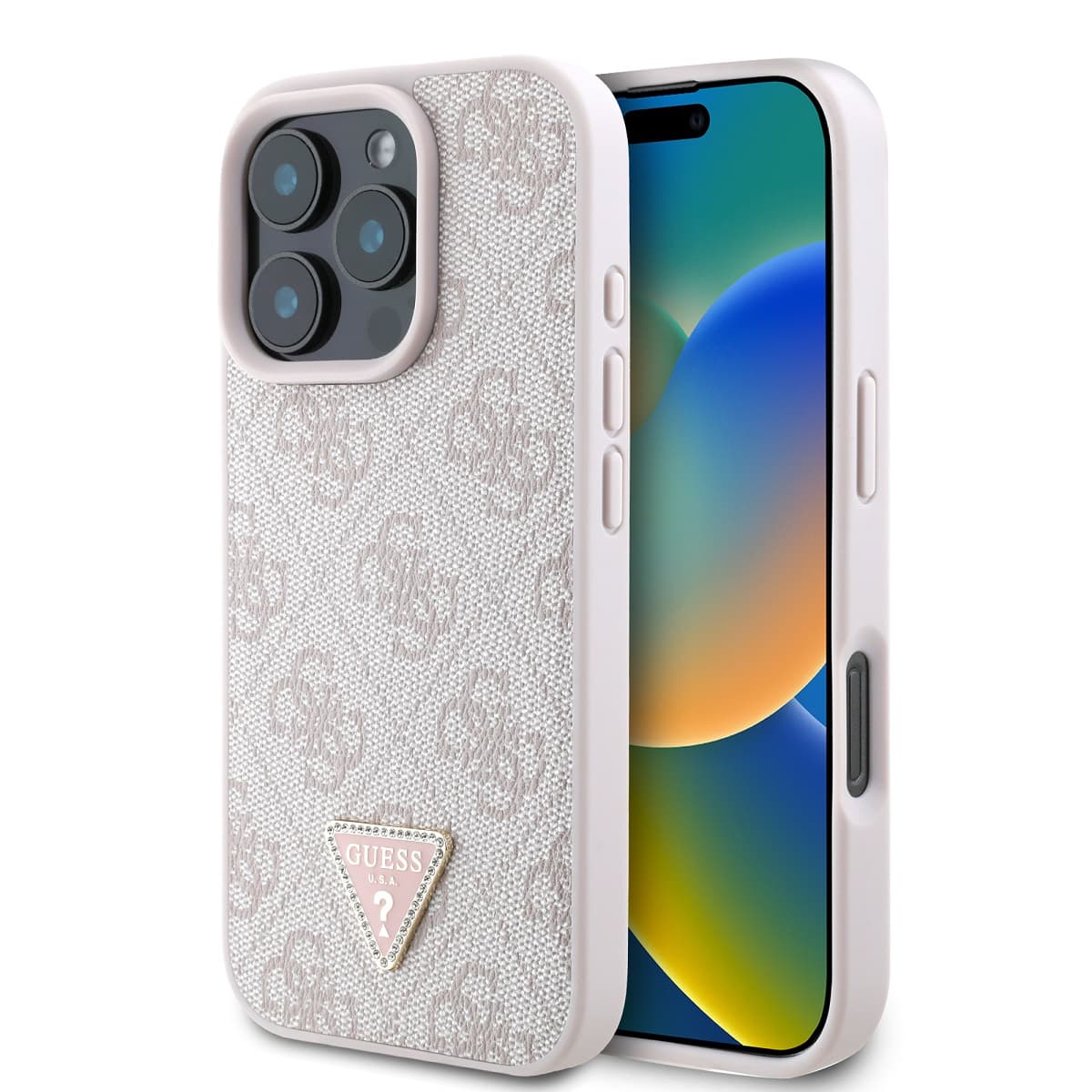 Originální zadní kryt Guess PU 4G Strass Triangle Metal Logo Zadní Kryt pro iPhone 16 Pro Max Pink - náhled 1