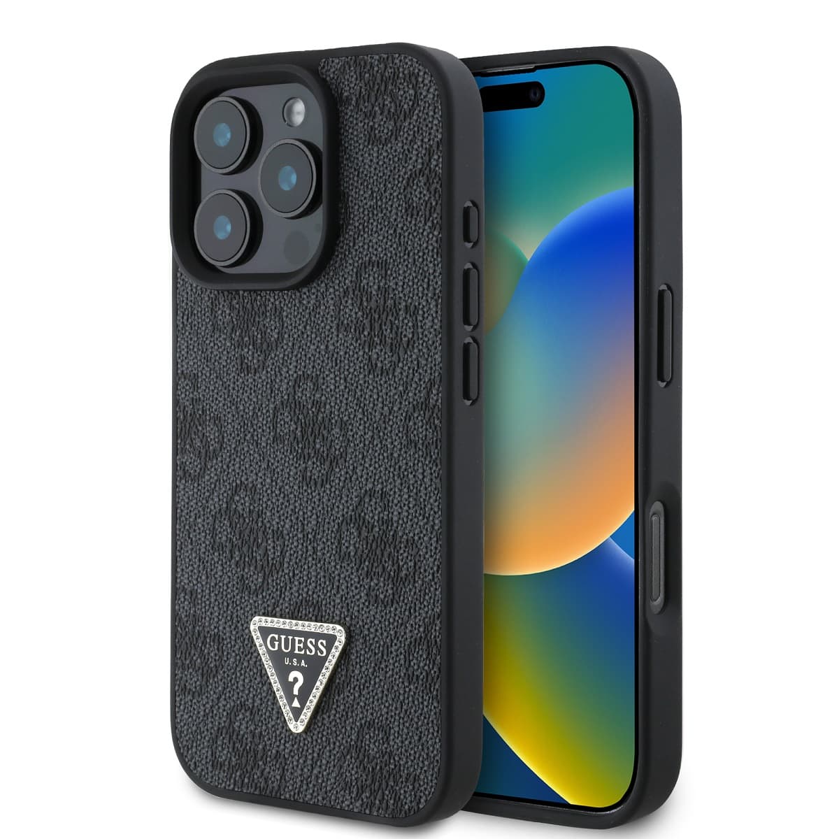 Originální zadní kryt Guess PU 4G Strass Triangle Metal Logo pro iPhone 16 Pro Black - náhled 1