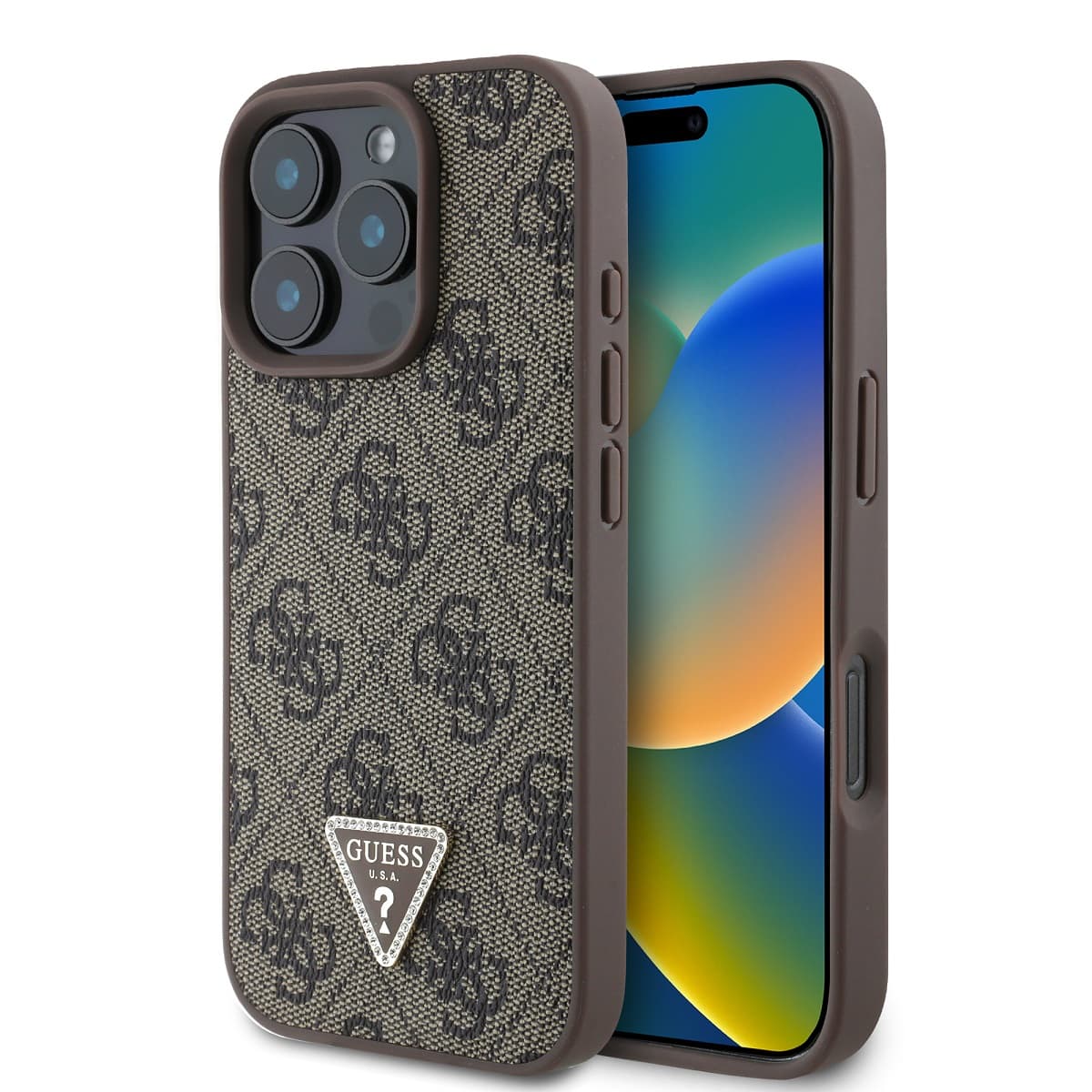 Originální zadní kryt Guess PU 4G Strass Triangle Metal Logo pro iPhone 16 Pro Brown - náhled 1