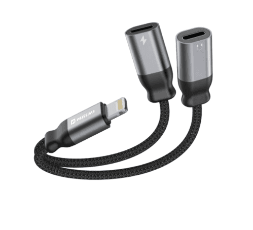 Nabíjecí audio adaptér Swissten Textile Lightning - 2x Lightning 0,12 m černý