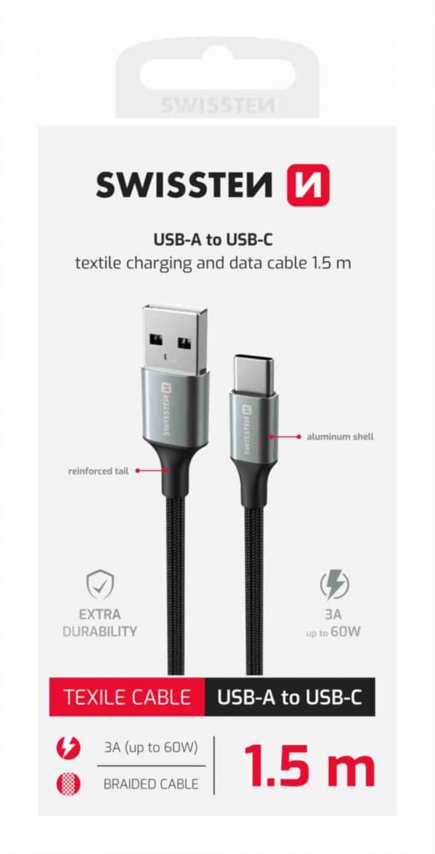 Datový kabel Swissten Textile II USB-A - USB-C 1,5 m černý - náhled 1
