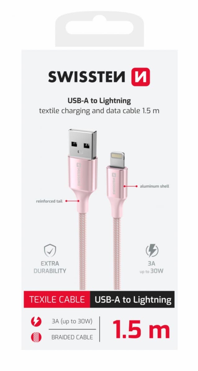 Datový kabel Swissten Textile II USB-A - lightning 1,5 m růžový - náhled 1