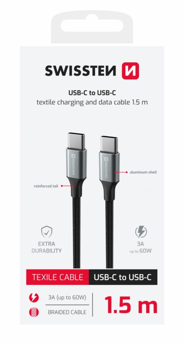 Datový kabel Swissten Textile II USB-C - USB-C 1,5 m černý - náhled 1