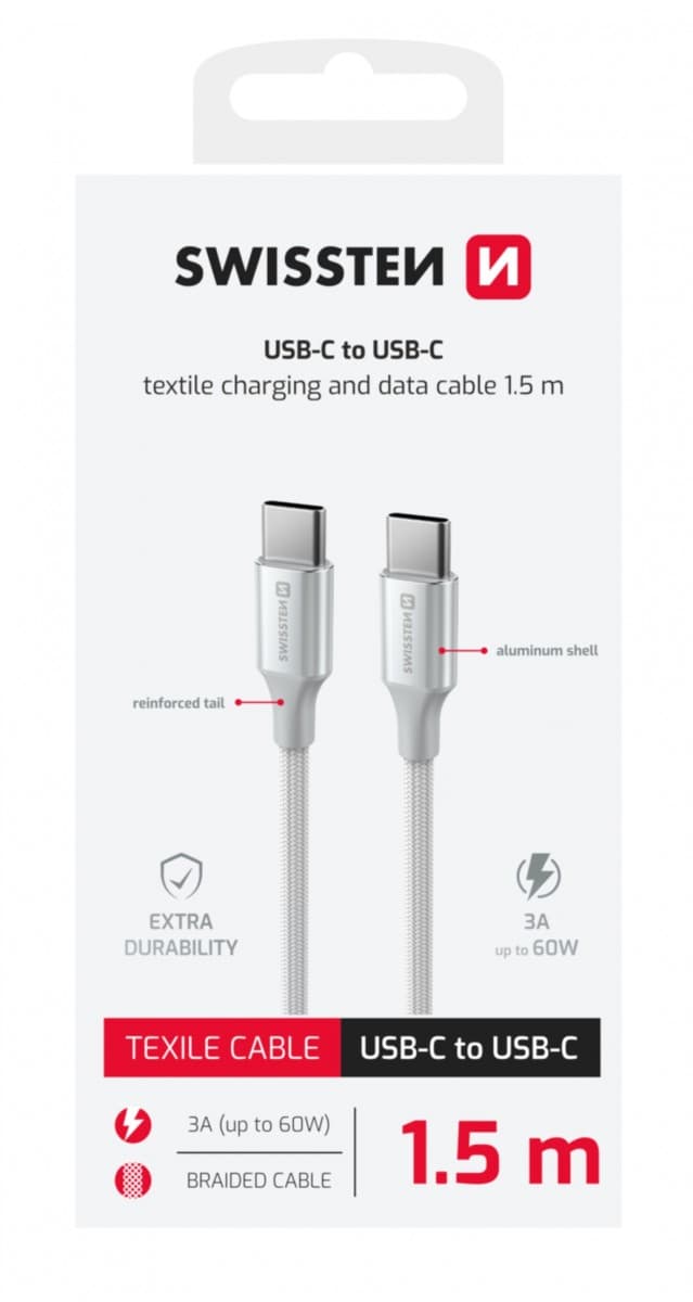 Datový kabel Swissten Textile II USB-C - USB-C 1,5 m bílý - náhled 1