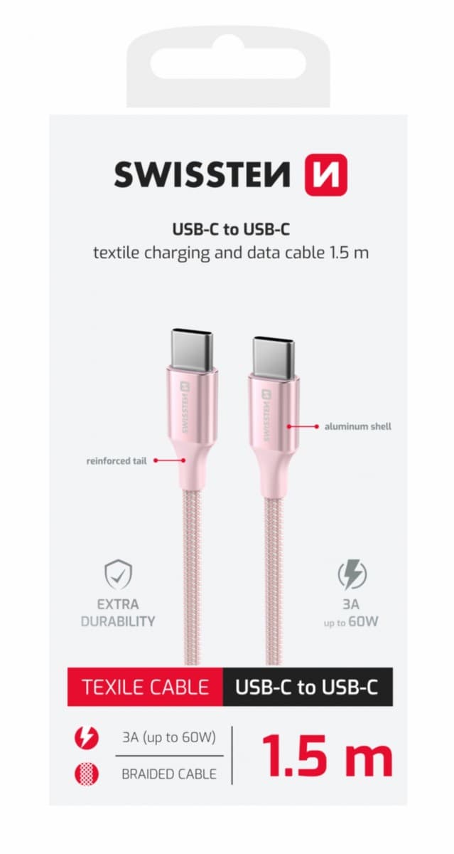 Datový kabel Swissten Textile II USB-C - USB-C 1,5 m růžový - náhled 1