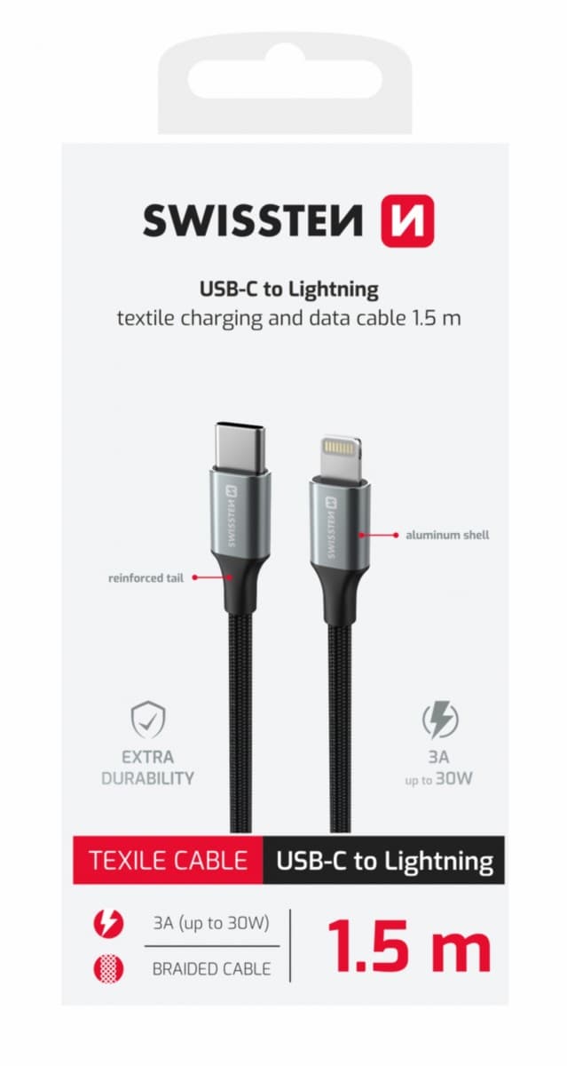 Datový kabel Swissten Textile II USB-C - Lightning 1,5 m černý - náhled 1