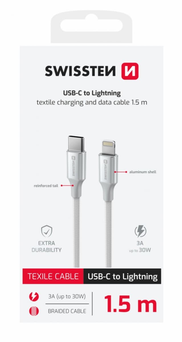 Datový kabel Swissten Textile II USB-C - Lightning 1,5 m bílý - náhled 1
