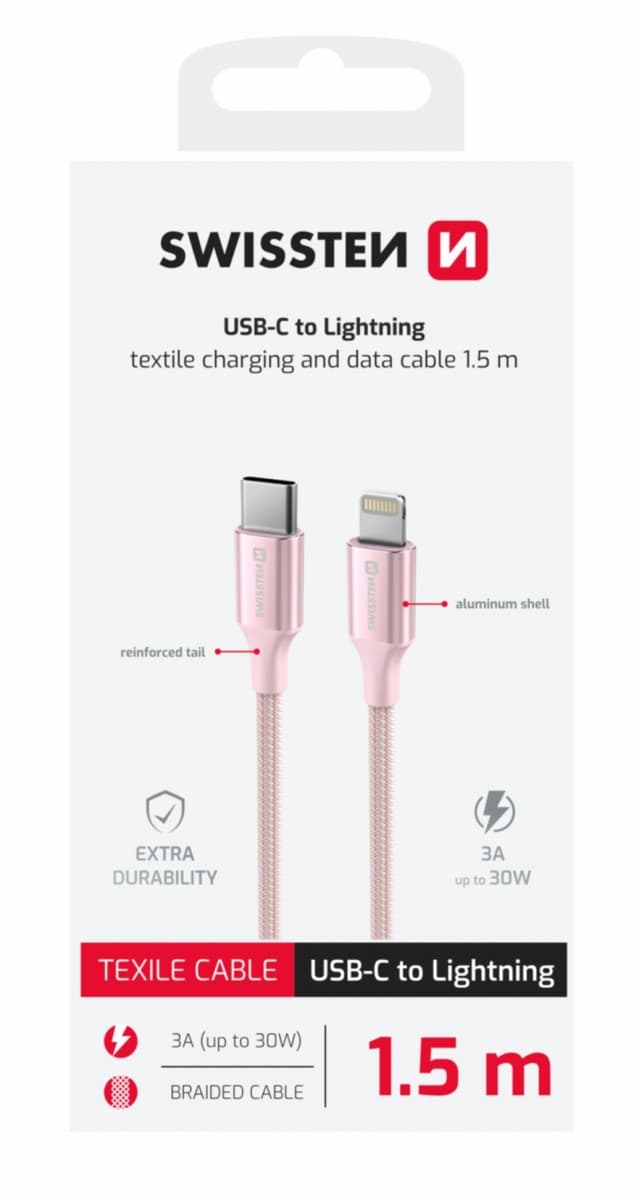 Datový kabel Swissten Textile II USB-C - Lightning 1,5 m růžový - náhled 1