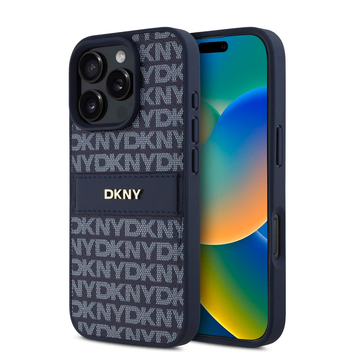 Zadní kryt DKNY PU Leather Repeat Pattern Tonal Stripe pro iPhone 16 Pro Blue - náhled 1
