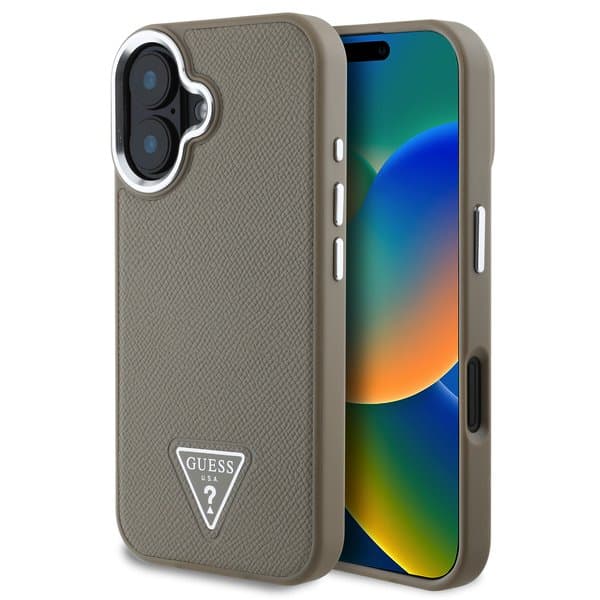 Zadní kryt Guess PU Grained Triangle Logo pro iPhone 16 Brown - náhled 1