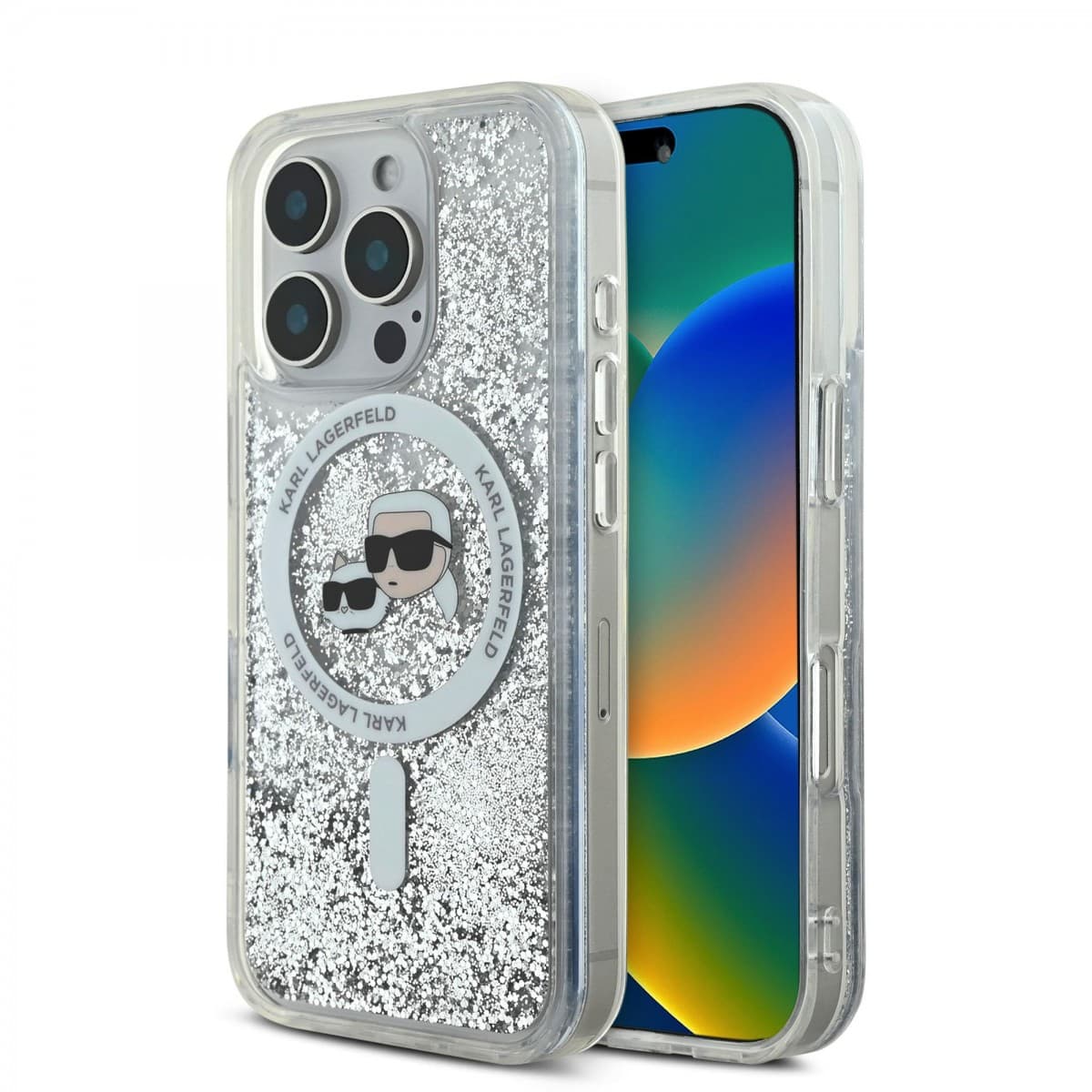 Zadní kryt Karl Lagerfeld Liquid Glitter Karl and Choupette Heads MagSafe pro iPhone 16 Pro Max Transparent - náhled 1