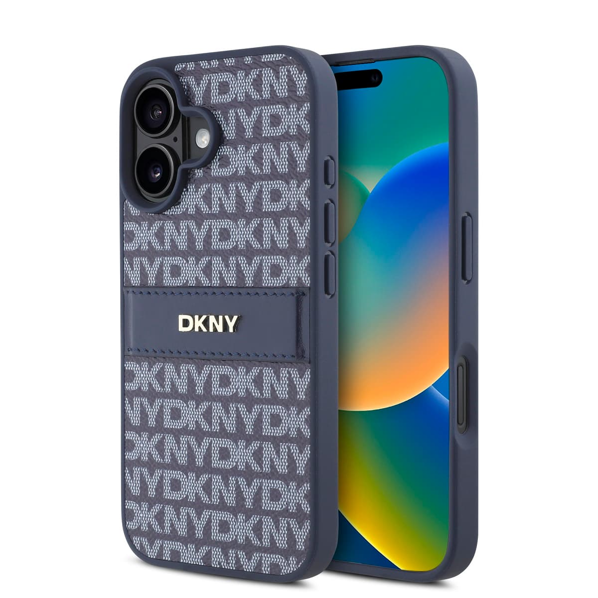Zadní kryt DKNY PU Leather Repeat Pattern Tonal Stripe pro iPhone 16 Blue - náhled 1