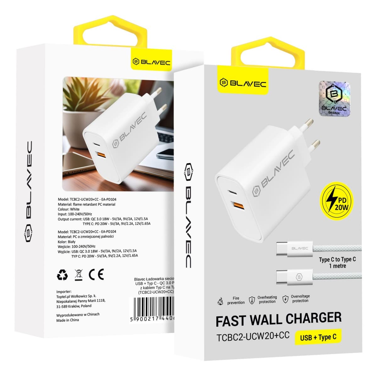 Rychlonabíječka Blavec BC2 s USB-C datovým kabelem Dual 20W (TCBC2-UCW20+CC) bílá - náhled 1