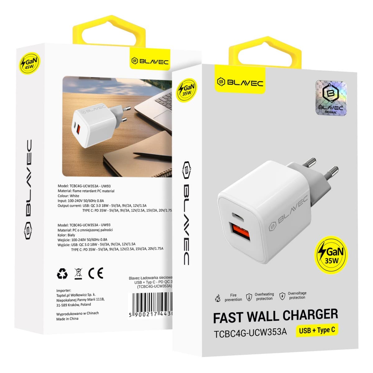 Adaptér Blavec BC4 GaN s funkcí rychlonabíjení Dual 35W 3A (TCBC4G-UCW353A) bílý - náhled 1