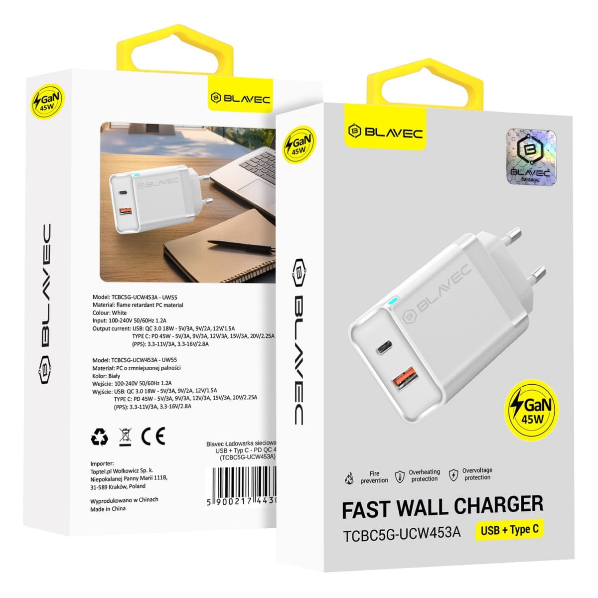 Adaptér Blavec BC5 GaN s funkcí rychlonabíjení 45W 3A (TCBC5G-UCW453A) bílý - náhled 1