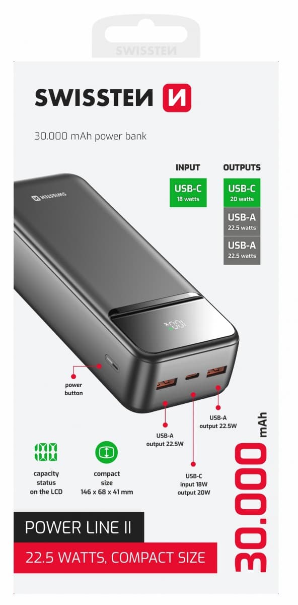 Powerbank Swissten 30000 mAh Power Line II černá - náhled 1