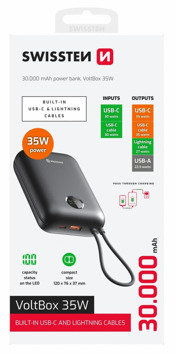 Powerbank Swissten Voltbox 30000 mAh s integrovanými kabely USB-C a Lightning 35W černá