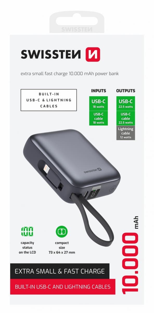 Powerbank Swissten 10000 mAh s integrovanými kabely USB-C a Lightning vesmírně stříbrná - náhled 1
