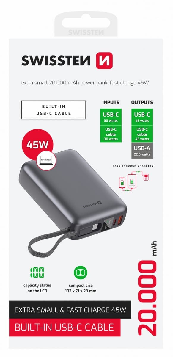 Powerbank Swissten 20000 mAh 45W s integrovaným kabelem USB-C vesmírně stříbrná - náhled 1